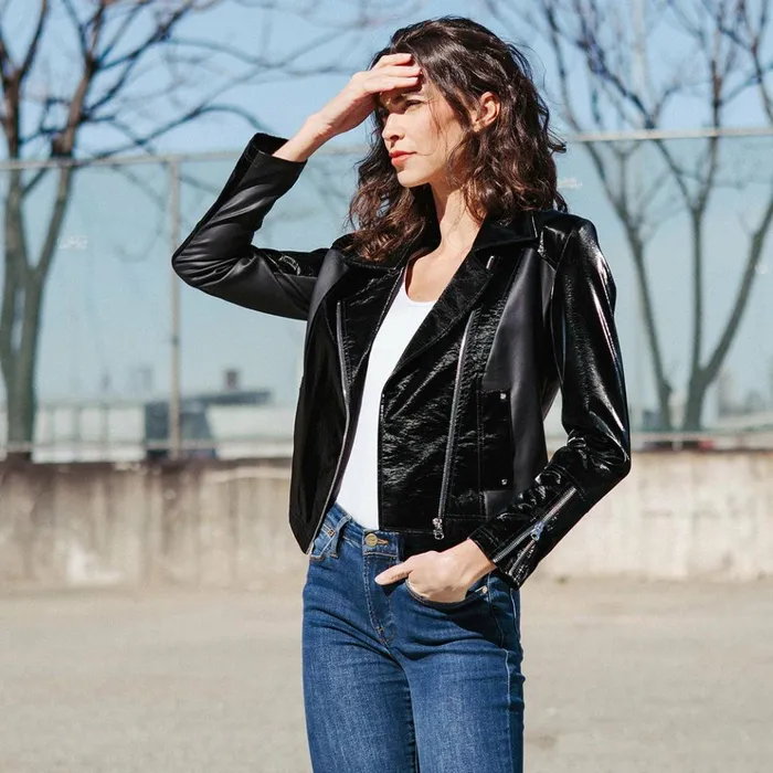 Vinyl 8211 Liquid Leather Panel Zip Cuff Pocket Jacket 8211 Black Women Clara Sunwoo Jackets Cardigans