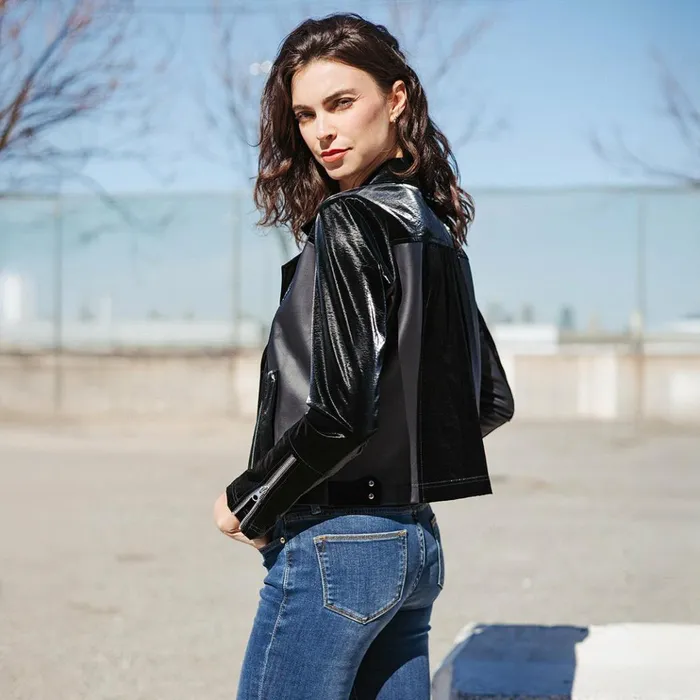 Vinyl 8211 Liquid Leather Panel Zip Cuff Pocket Jacket 8211 Black Women Clara Sunwoo Jackets Cardigans