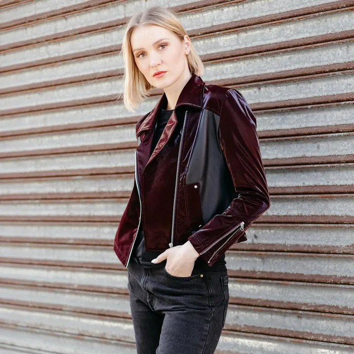 Vinyl 8211 Liquid Leather Panel Zip Cuff Pocket Jacket 8211 Mulberry 8211 Limited Sizes Women Clara Sunwoo Jackets Cardigans