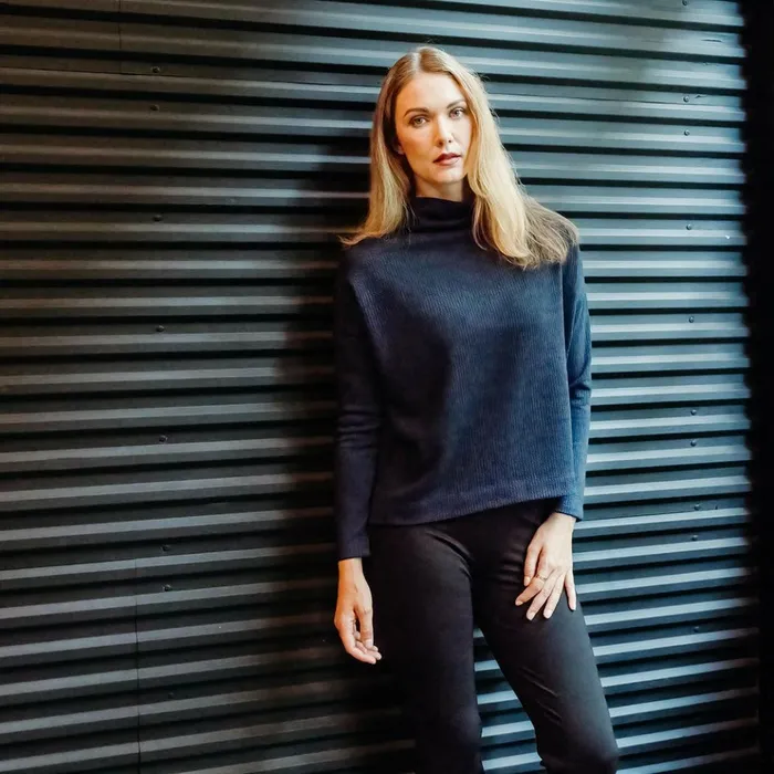 Waffle Knit 8211 Funnel Neck Sweater Top 8211 Navy 8211 Final Sale Women Clara Sunwoo Sweaters