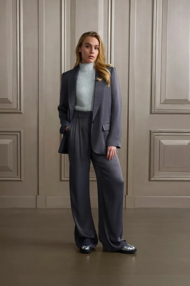 Wideleg Trousers With High Waist And Pleat Details Dark Metal Grey Women YAYA Trousers Wideleg Trousers With High Waist And Pleat Details Dark Metal Grey Women YAYA Trousers