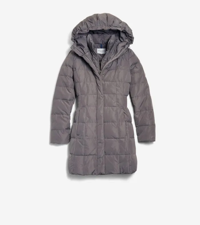 Women 32quot Signature Hooded Taffeta Down Coat Carbon Cole Haan Outerwear