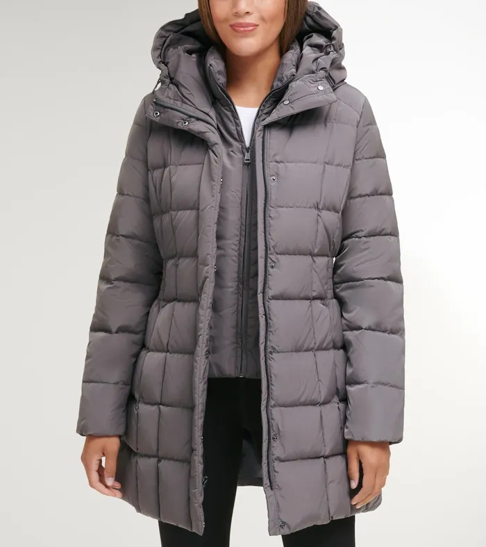 Women 32quot Signature Hooded Taffeta Down Coat Carbon Cole Haan Outerwear