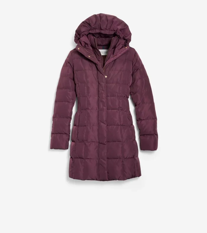 Women 32quot Signature Hooded Taffeta Down Coat Merlot Cole Haan Parkas and Puffer Jackets