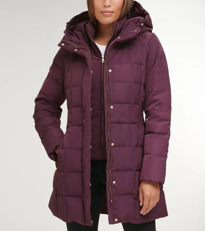 Women 32quot Signature Hooded Taffeta Down Coat Merlot Cole Haan Parkas and Puffer Jackets