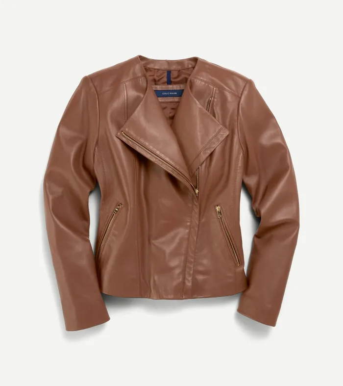 Women Asymmetrical Leather Jacket Hickory Brown Cole Haan Outerwear