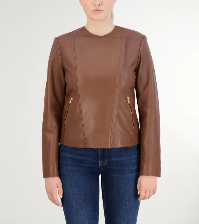 Women Asymmetrical Leather Jacket Hickory Brown Cole Haan Outerwear