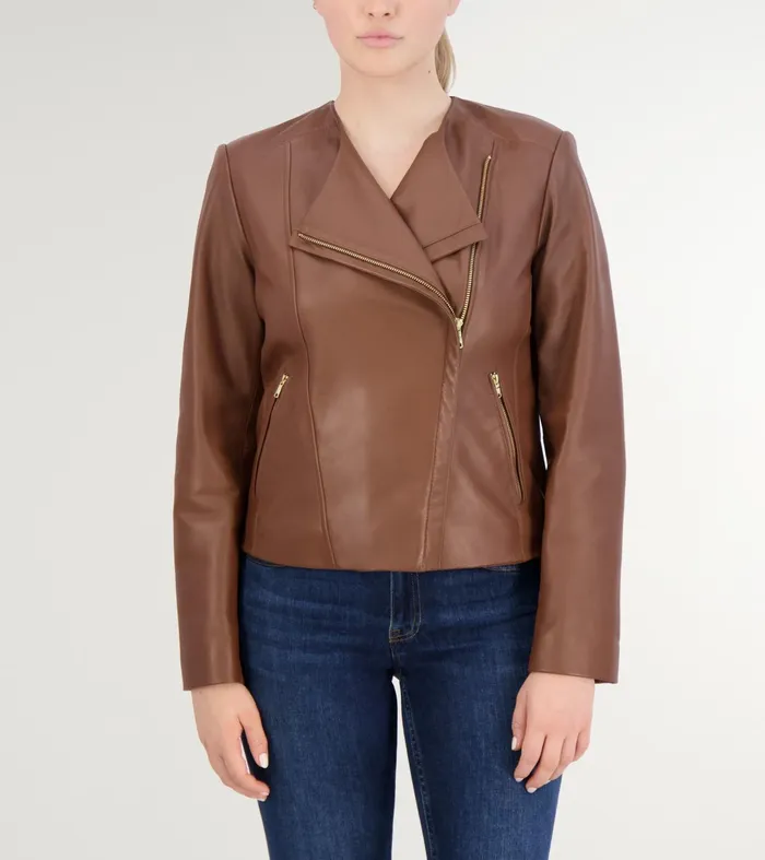 Women Asymmetrical Leather Jacket Hickory Brown Cole Haan Outerwear