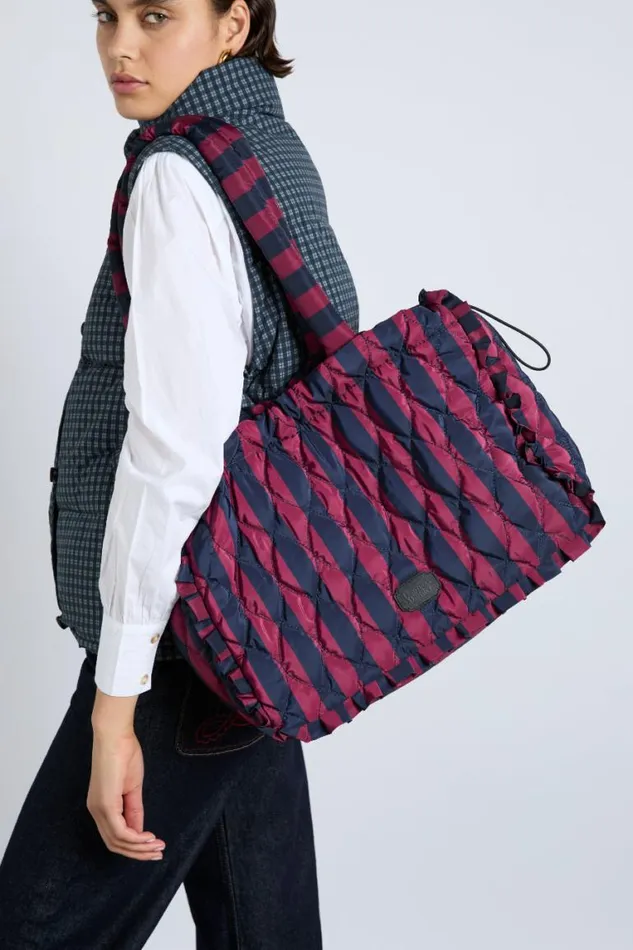 Women Damson Madder Bags Frill Edge Ruched Tote Bag 8211 Navy and Burgundy Stripe