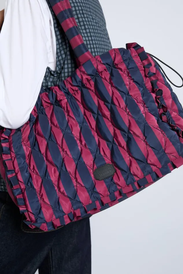 Women Damson Madder Bags Frill Edge Ruched Tote Bag 8211 Navy and Burgundy Stripe