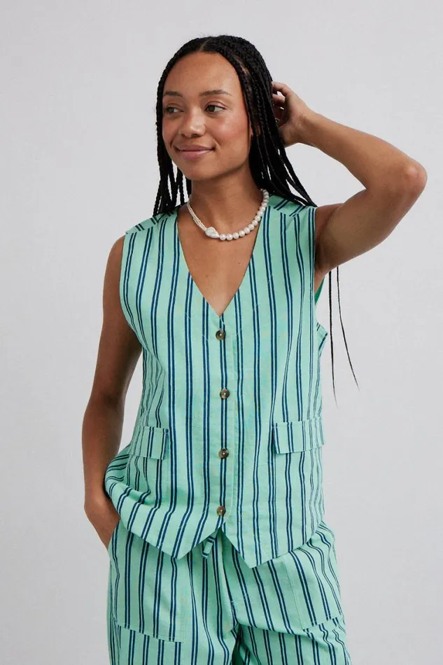 Women Damson Madder Coords Coco Oversized Waistcoat 8211 Mint Stripe