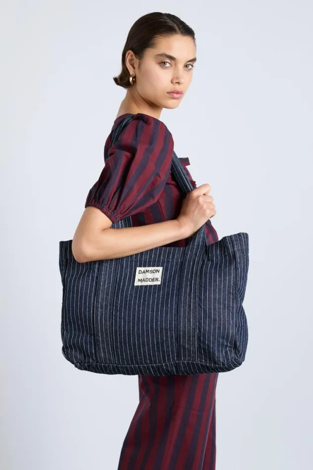 Women Damson Madder Coords Damson Tote Bag 8211 Denim Pinstripe