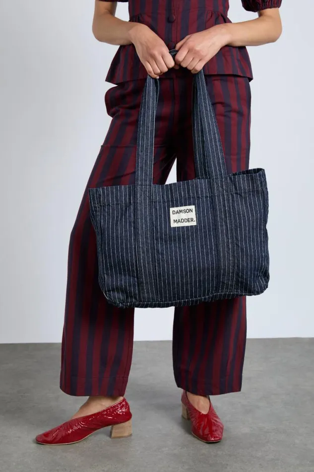 Women Damson Madder Coords Damson Tote Bag 8211 Denim Pinstripe