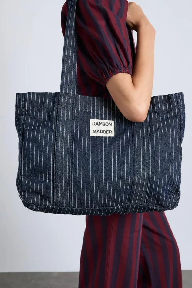 Women Damson Madder Coords Damson Tote Bag 8211 Denim Pinstripe