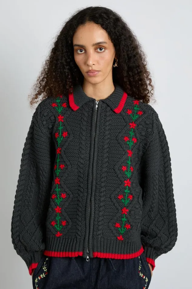 Women Damson Madder Coords Grandpa Cardigan 8211 Charcoal Cable