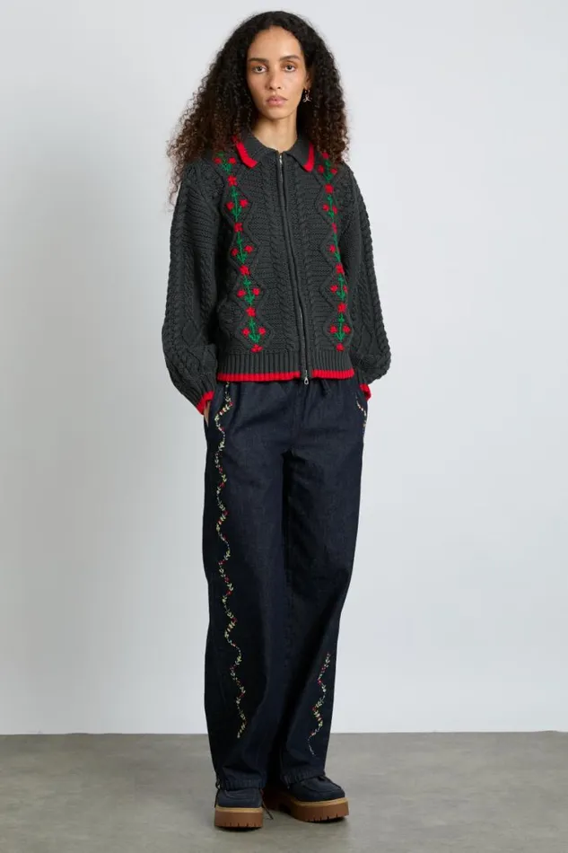 Women Damson Madder Coords Grandpa Cardigan 8211 Charcoal Cable