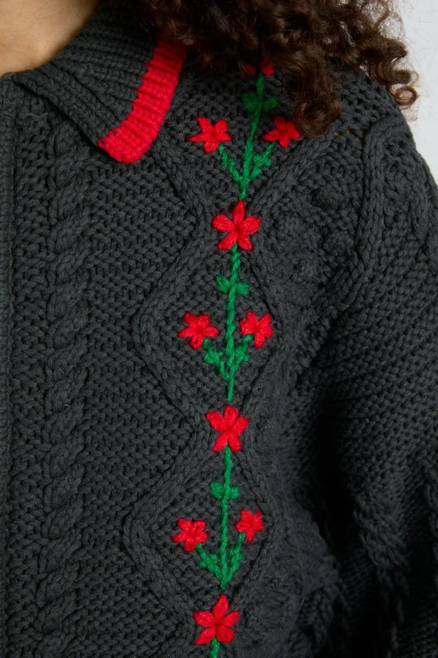 Women Damson Madder Coords Grandpa Cardigan 8211 Charcoal Cable
