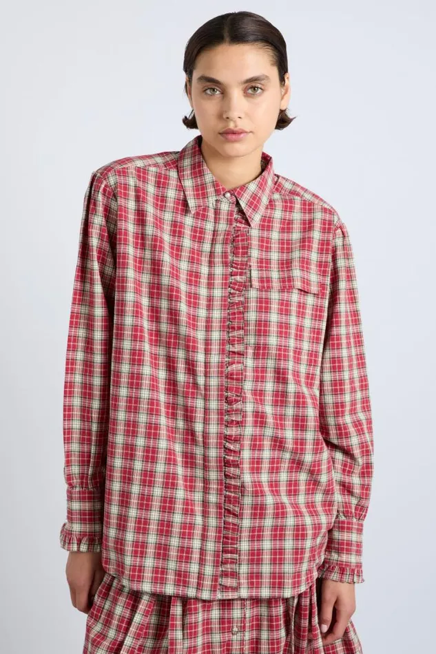 Women Damson Madder Coords Kylie Ruffle Shirt 8211 Red Check