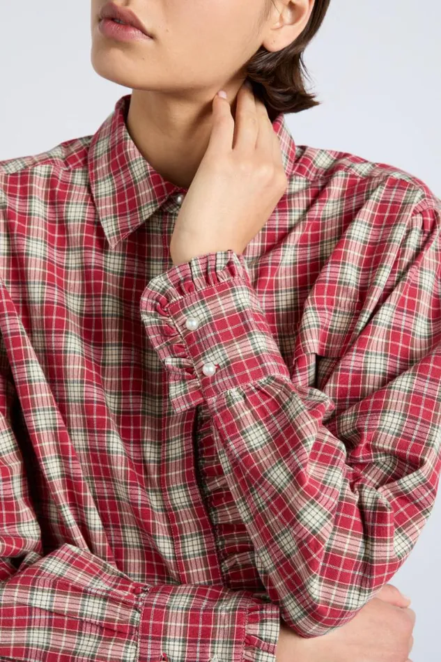 Women Damson Madder Coords Kylie Ruffle Shirt 8211 Red Check