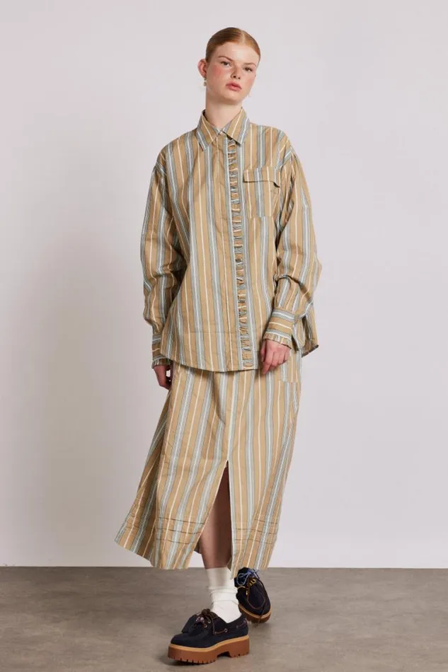 Women Damson Madder Coords Kylie Ruffle Shirt 8211 Tan Stripe
