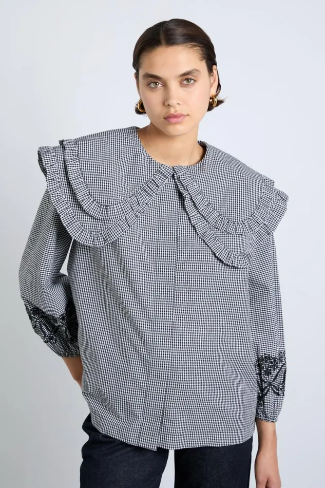 Women Damson Madder Coords Lois Double Collar Blouse 8211 Black Gingham