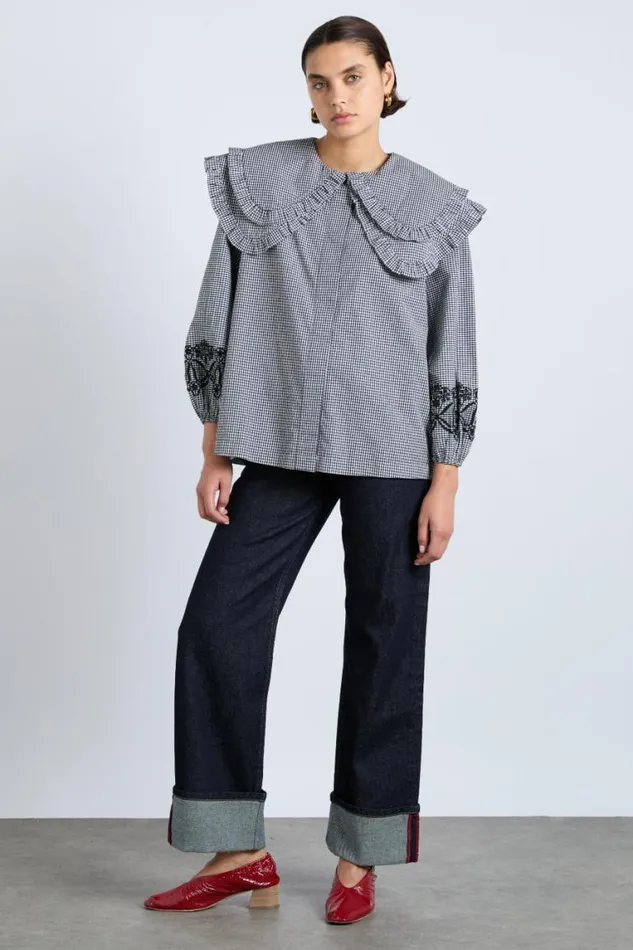 Women Damson Madder Coords Lois Double Collar Blouse 8211 Black Gingham