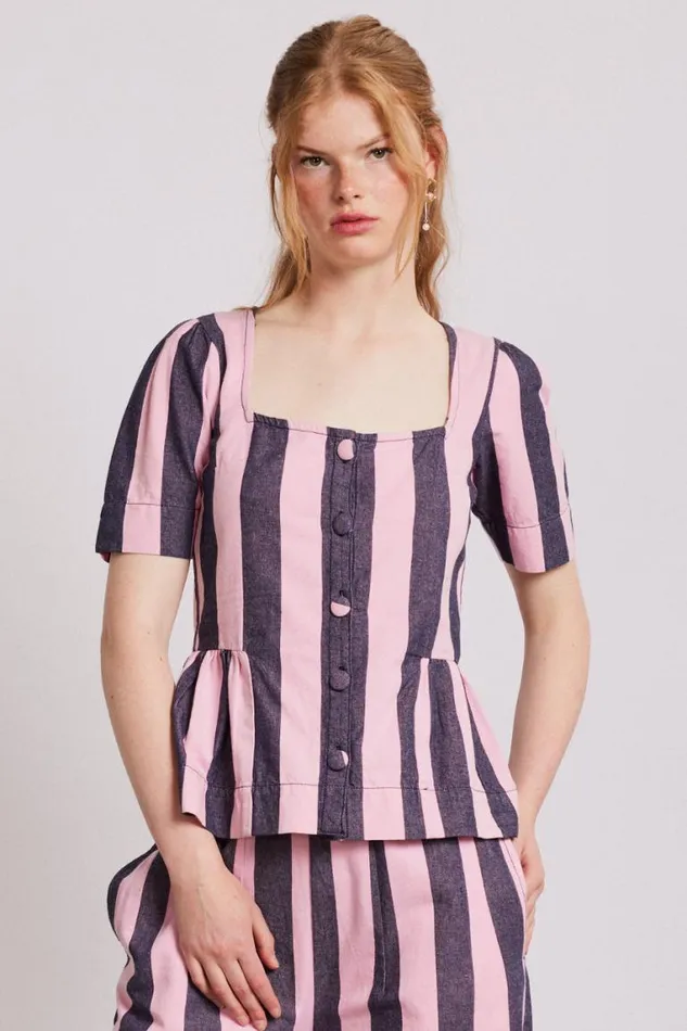 Women Damson Madder Coords Philly Peplum Blouse 8211 Pink Blue Stripe