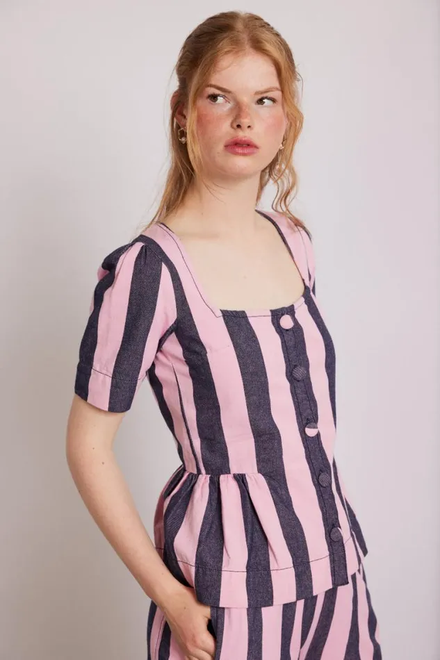 Women Damson Madder Coords Philly Peplum Blouse 8211 Pink Blue Stripe