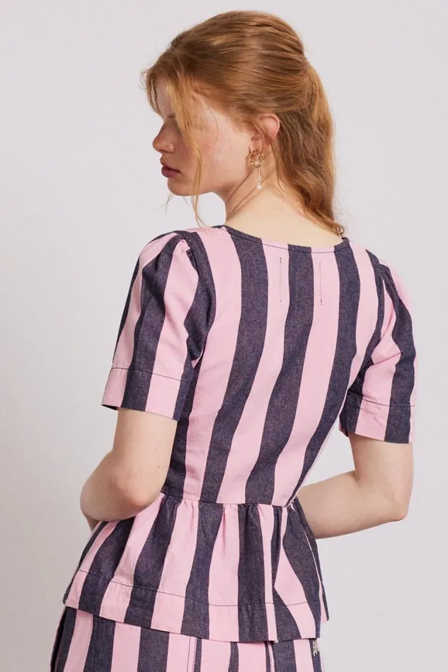Women Damson Madder Coords Philly Peplum Blouse 8211 Pink Blue Stripe