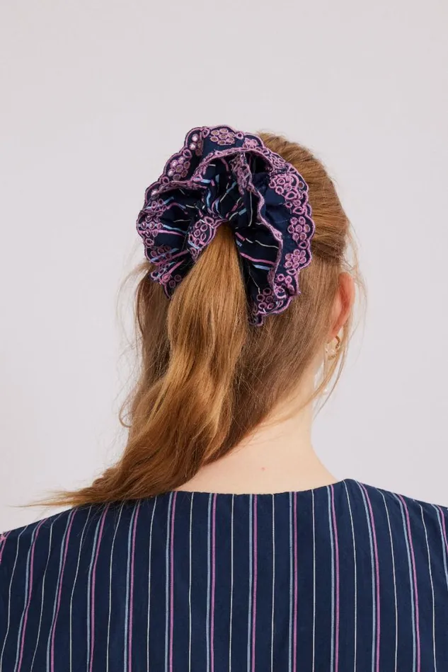 Women Damson Madder Coords Stripe Scrunchie With Broderie Edge