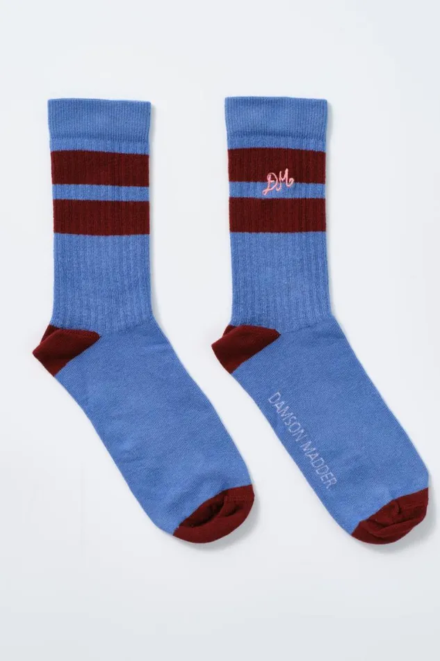 Women Damson Madder Cold Weather Accessories Calf Length Socks 8211 Blue and Burgundy Stripe