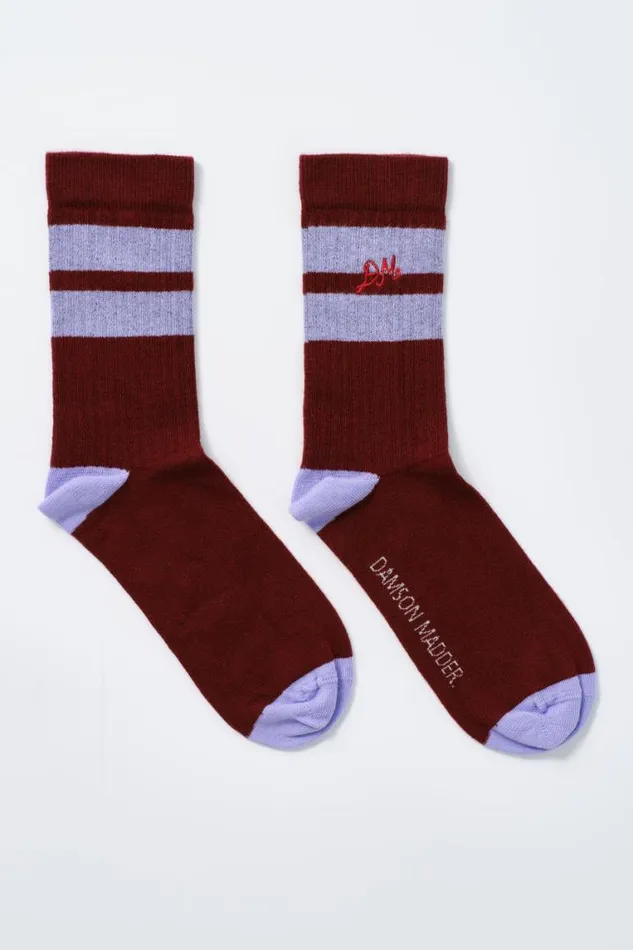 Women Damson Madder Cold Weather Accessories Calf Length Socks 8211 Burgundy and Lilac Stripe