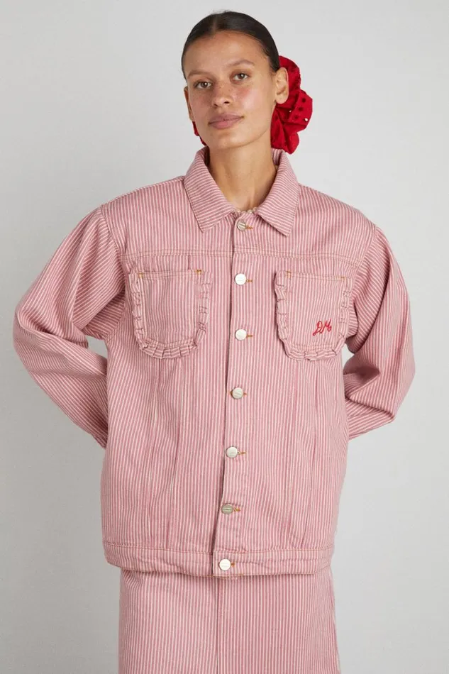 Women Damson Madder Denim Frilly Fin Jacket 8211 Pink Stripe
