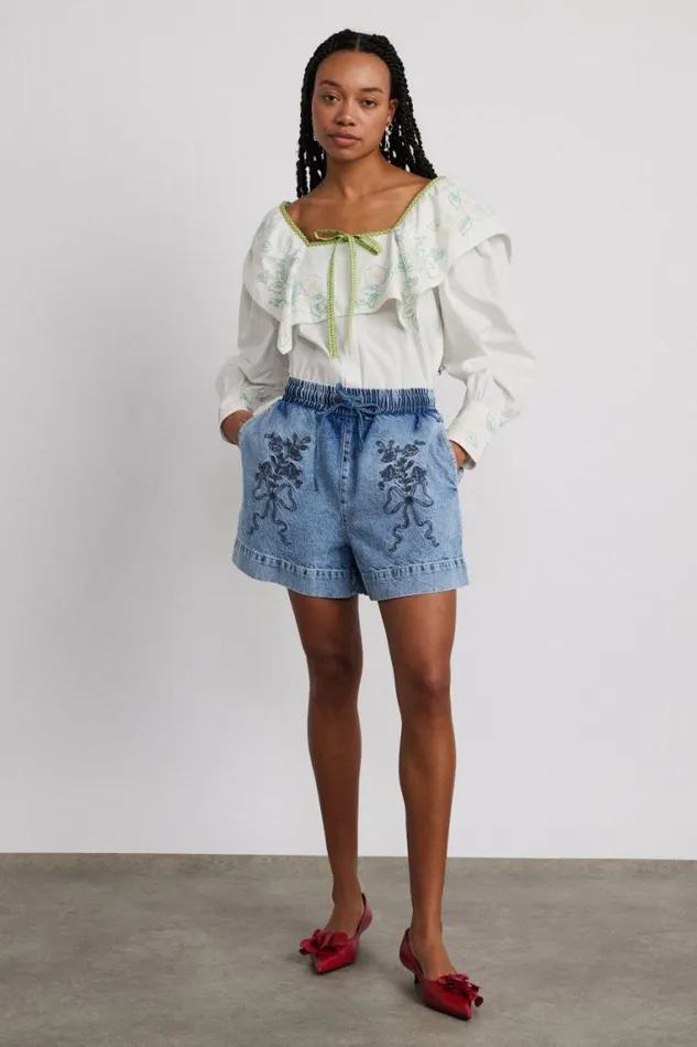 Women Damson Madder Denim Rafe Shorts 8211 Bow Embroidery