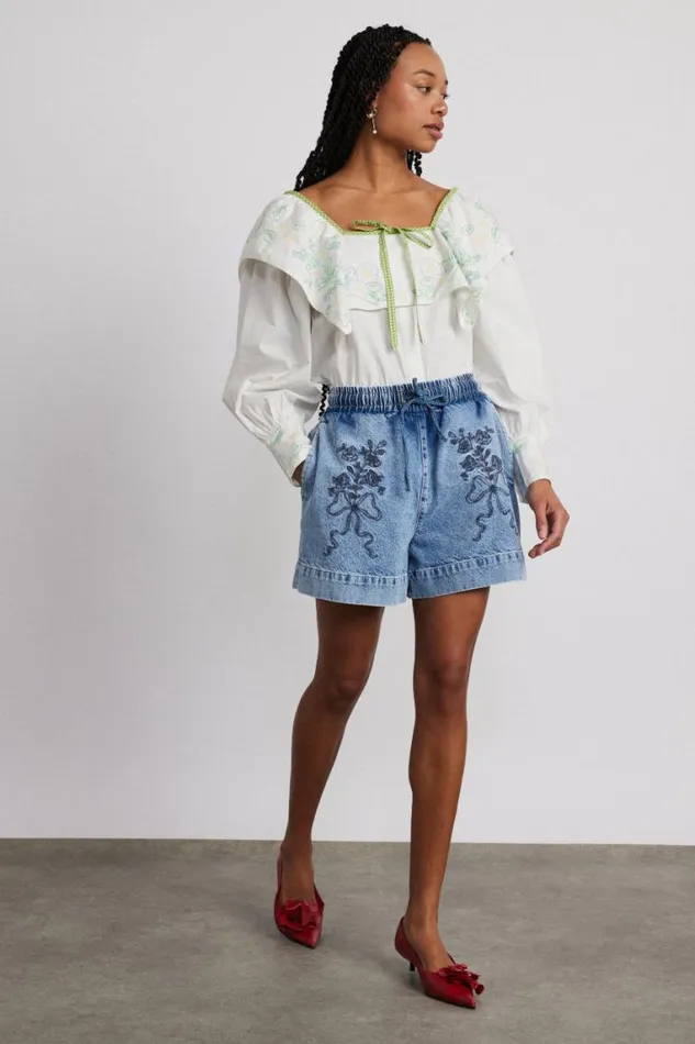 Women Damson Madder Denim Rafe Shorts 8211 Bow Embroidery