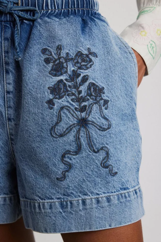 Women Damson Madder Denim Rafe Shorts 8211 Bow Embroidery