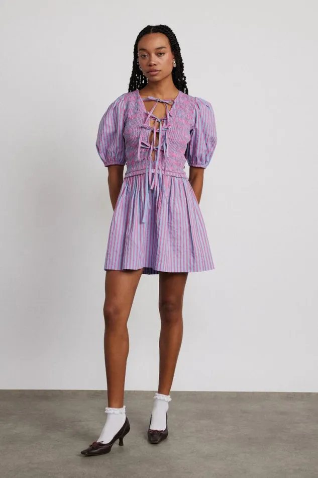 Women Damson Madder Dresses Bluebelle Shirred Mini Dress 8211 Pink and Blue Stripe