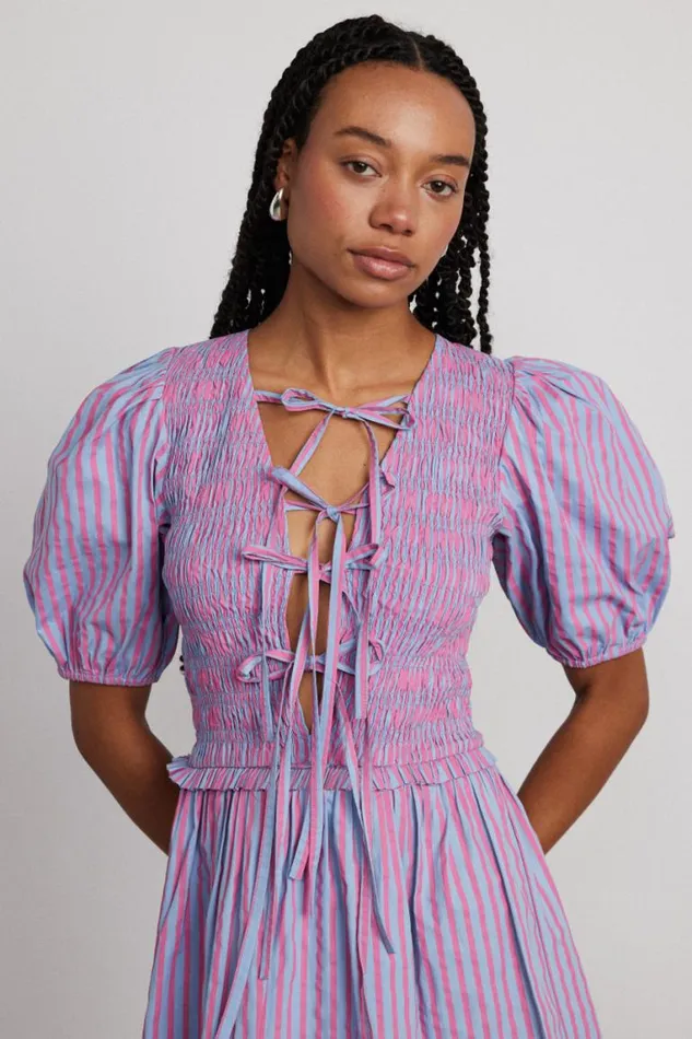 Women Damson Madder Dresses Bluebelle Shirred Mini Dress 8211 Pink and Blue Stripe