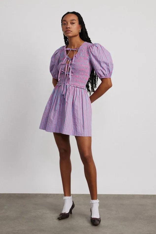 Women Damson Madder Dresses Bluebelle Shirred Mini Dress 8211 Pink and Blue Stripe