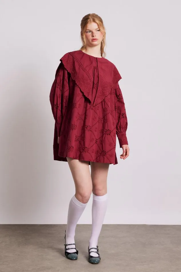 Women Damson Madder Dresses Clementine Embroidered Collared Mini Dress 8211 Burgundy