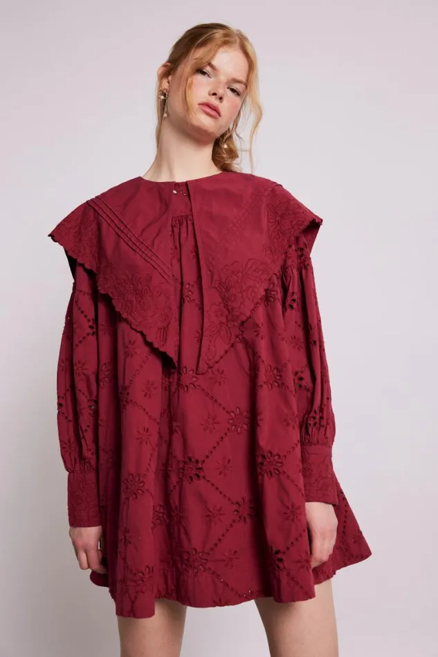 Women Damson Madder Dresses Clementine Embroidered Collared Mini Dress 8211 Burgundy