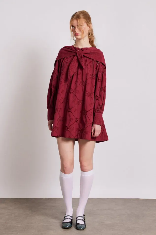 Women Damson Madder Dresses Clementine Embroidered Collared Mini Dress 8211 Burgundy
