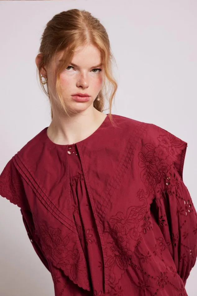 Women Damson Madder Dresses Clementine Embroidered Collared Mini Dress 8211 Burgundy