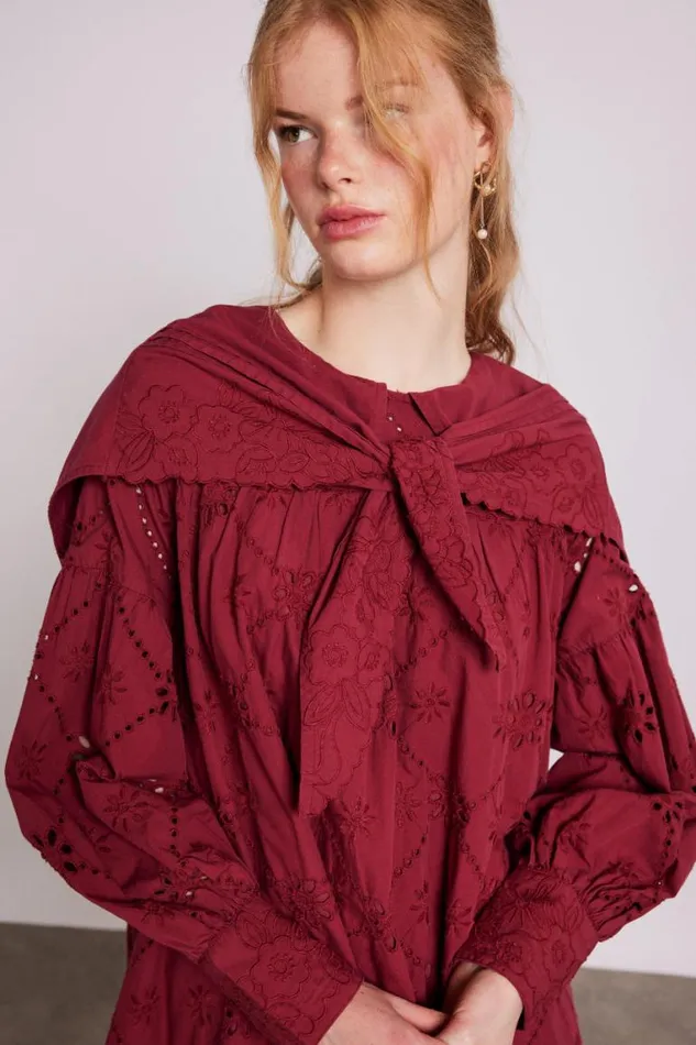 Women Damson Madder Dresses Clementine Embroidered Collared Mini Dress 8211 Burgundy