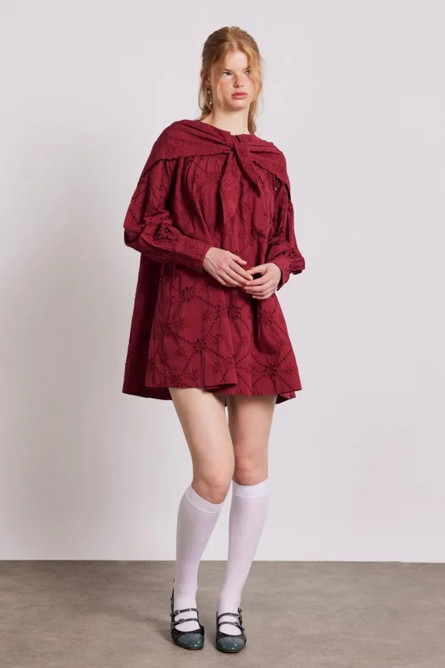 Women Damson Madder Dresses Clementine Embroidered Collared Mini Dress 8211 Burgundy