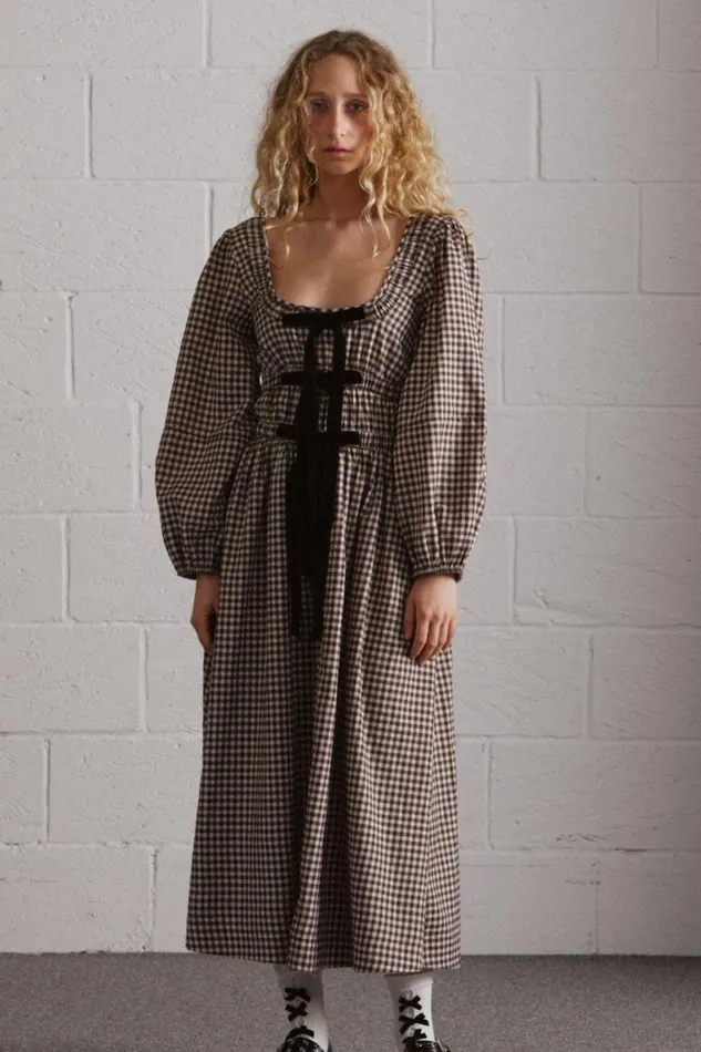 Women Damson Madder Dresses Dakota Bow Midi Dress 8211 Chocolate Check