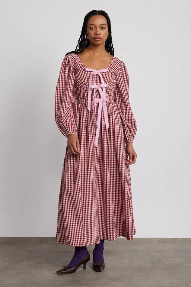 Women Damson Madder Dresses Dakota Bow Midi Dress 8211 Red Gingham