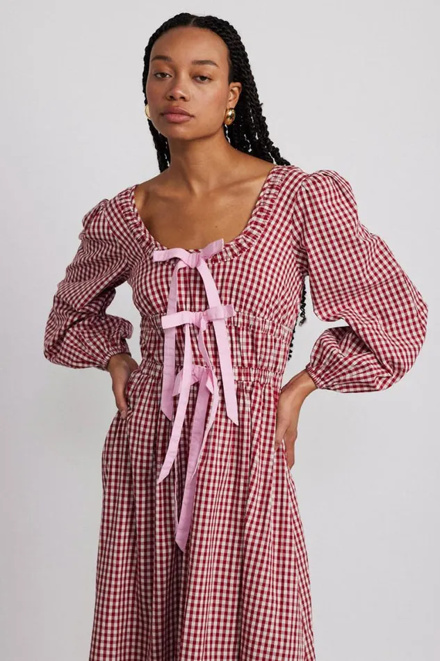 Women Damson Madder Dresses Dakota Bow Midi Dress 8211 Red Gingham