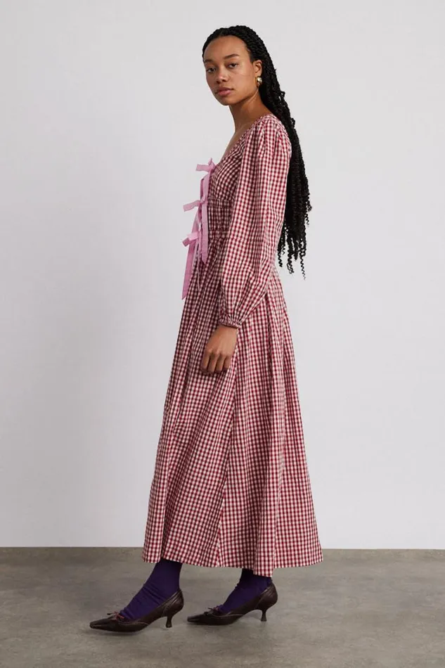 Women Damson Madder Dresses Dakota Bow Midi Dress 8211 Red Gingham