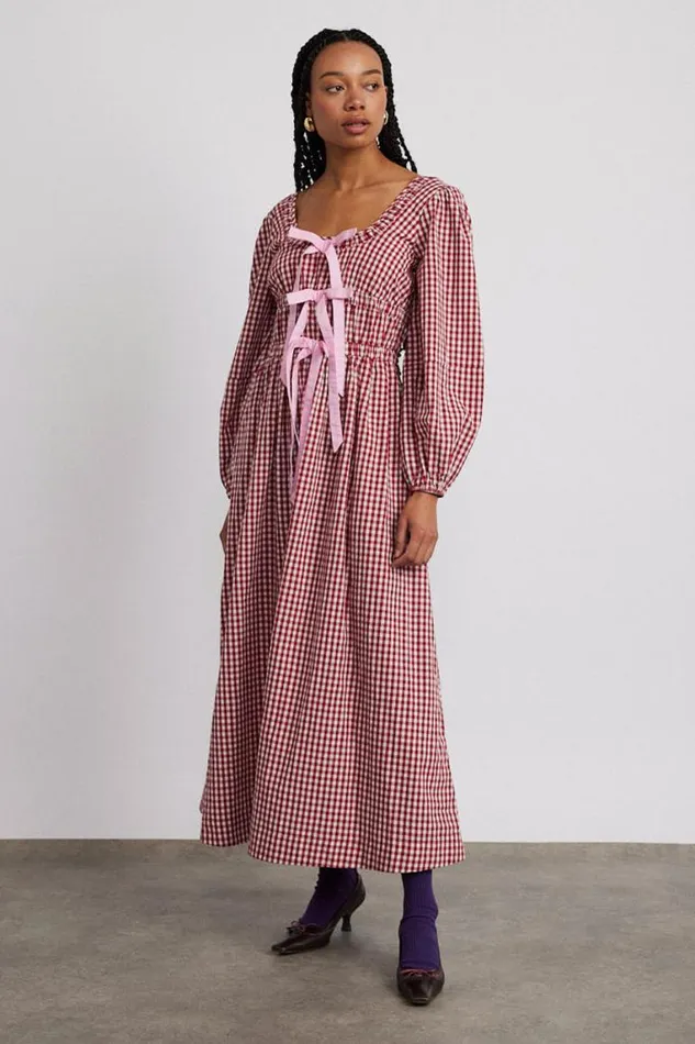 Women Damson Madder Dresses Dakota Bow Midi Dress 8211 Red Gingham